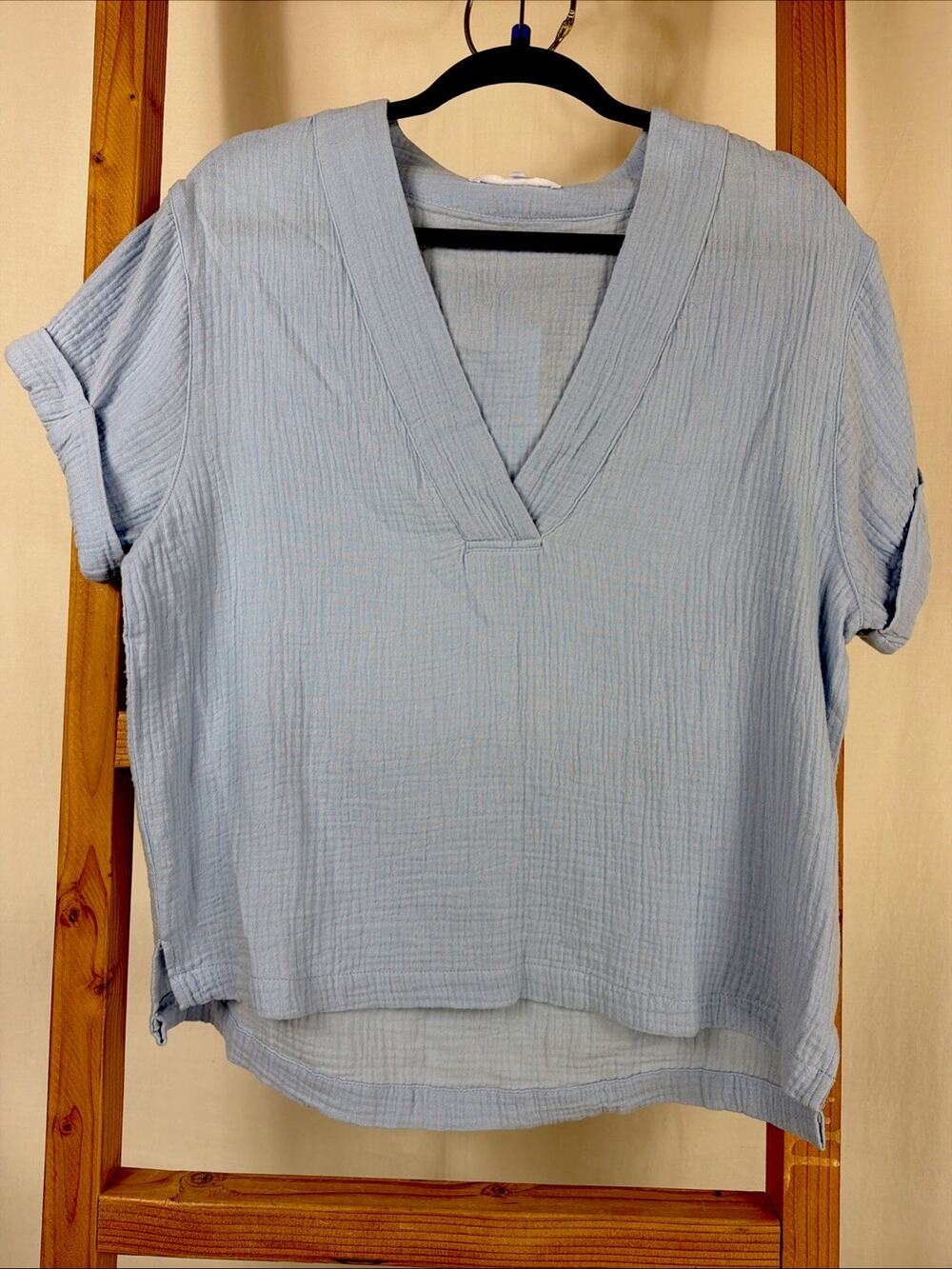 NWT Dear John Blue Short Sleeve V Neck Oversized Gauze Top #1189 Size XS